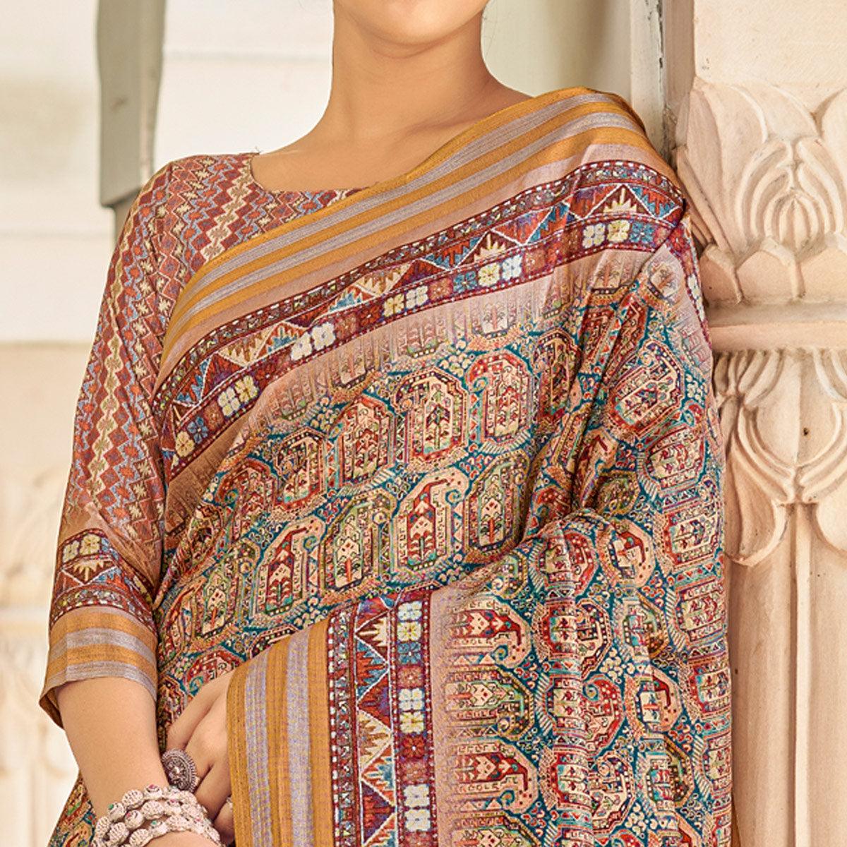 Blue Digital Printed Art Silk Saree - Peachmode