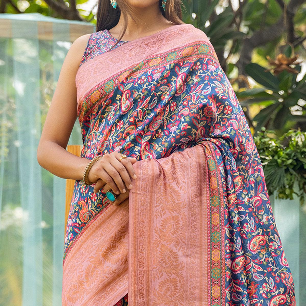 Blue Digital Printed Art Silk Saree - Peachmode