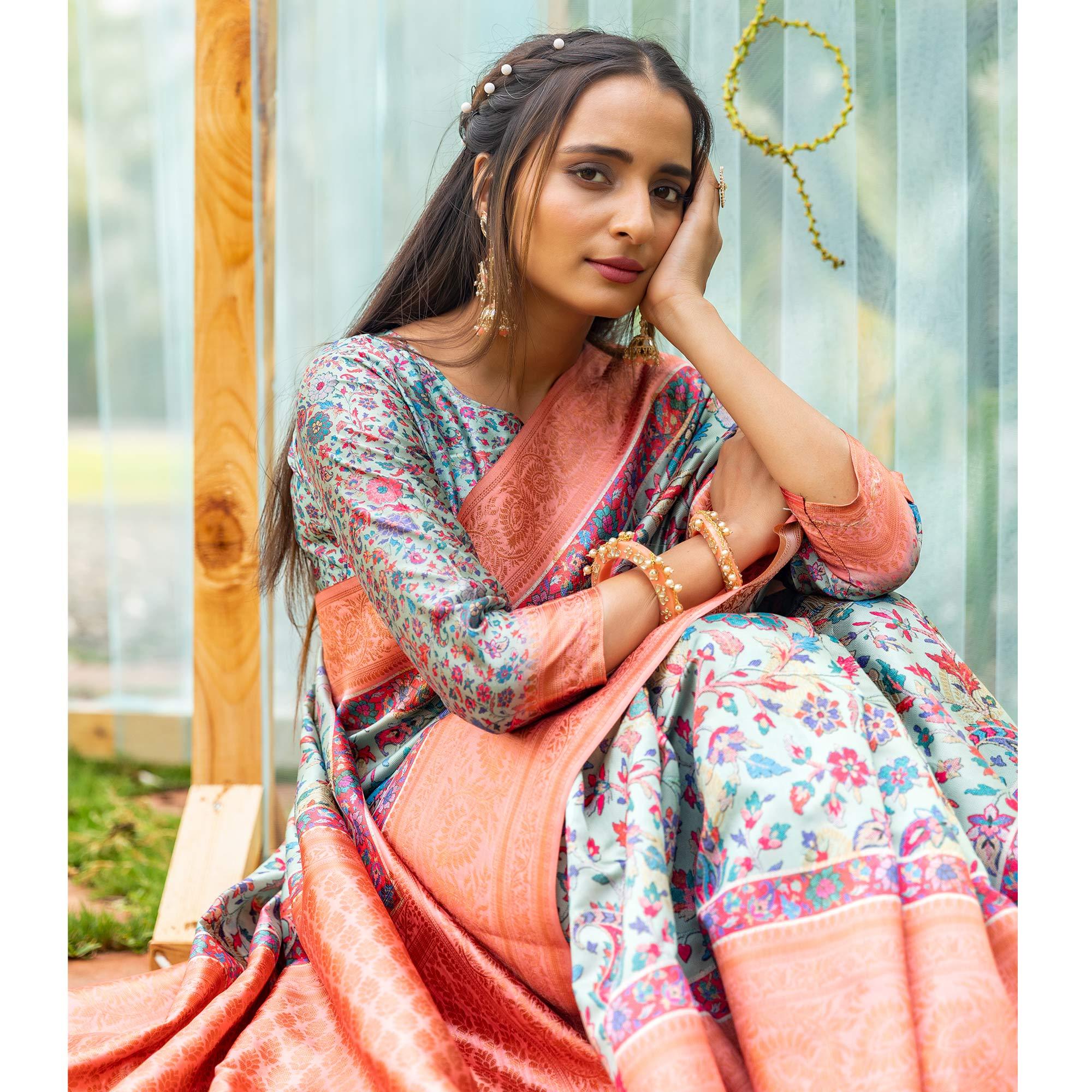 Blue Digital Printed Art Silk Saree - Peachmode