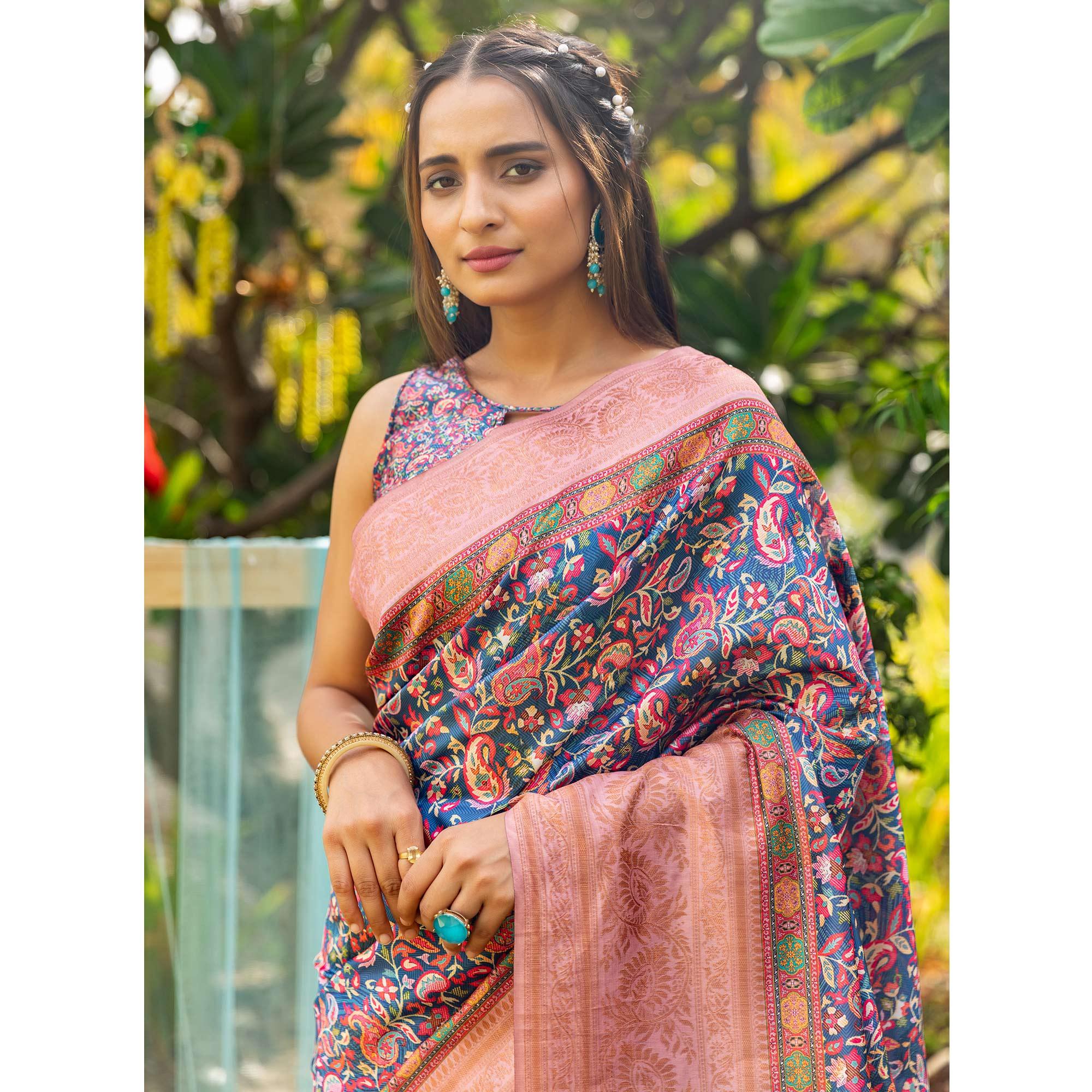 Blue Digital Printed Art Silk Saree - Peachmode