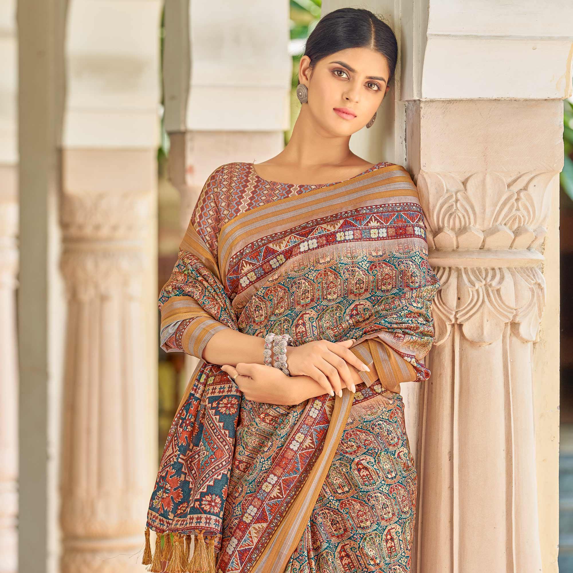 Blue Digital Printed Art Silk Saree - Peachmode