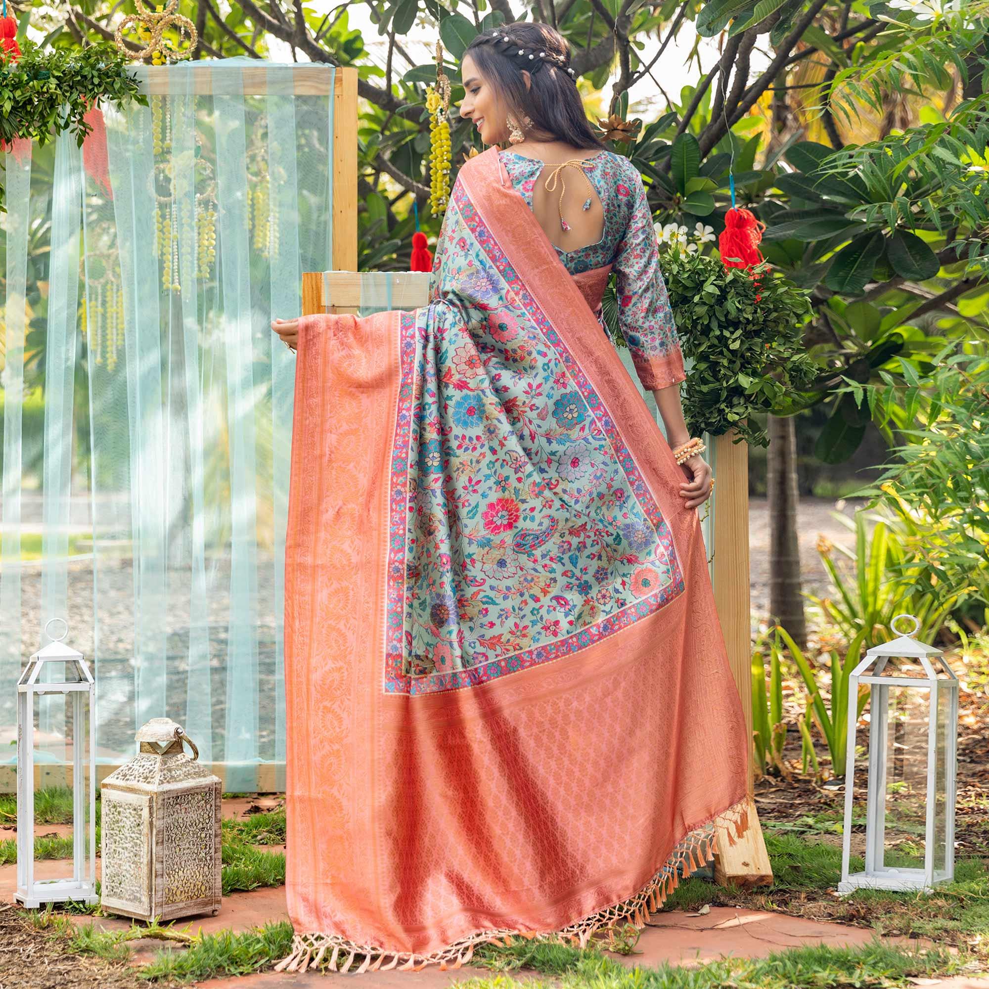 Blue Digital Printed Art Silk Saree - Peachmode