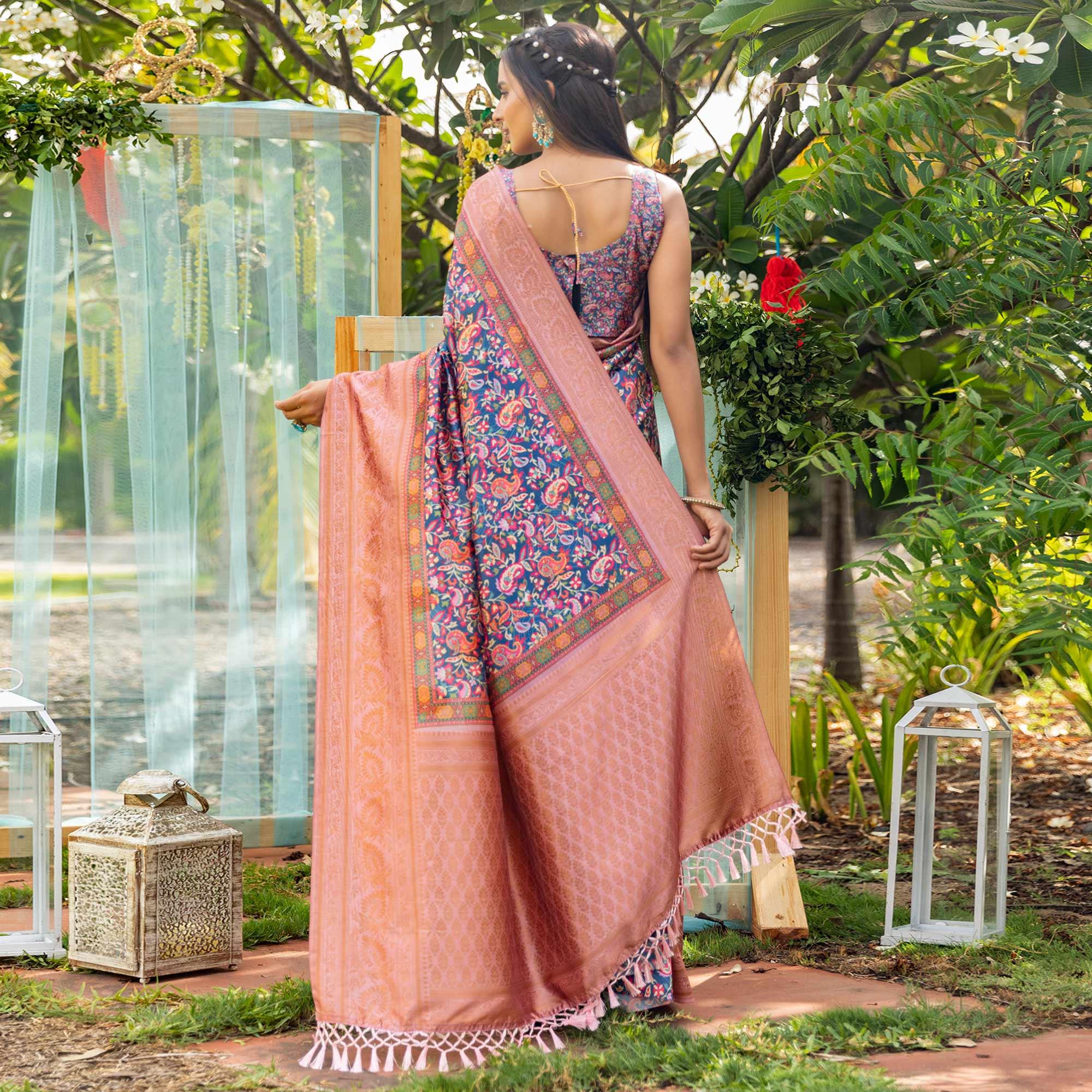 Blue Digital Printed Art Silk Saree - Peachmode