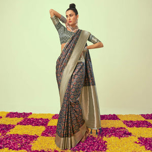 Blue Digital  Printed Art Silk Saree With Tassels - Peachmode