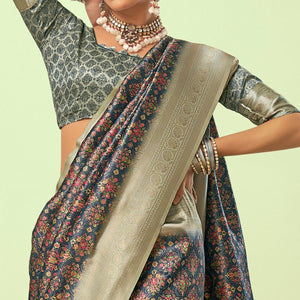 Blue Digital  Printed Art Silk Saree With Tassels - Peachmode