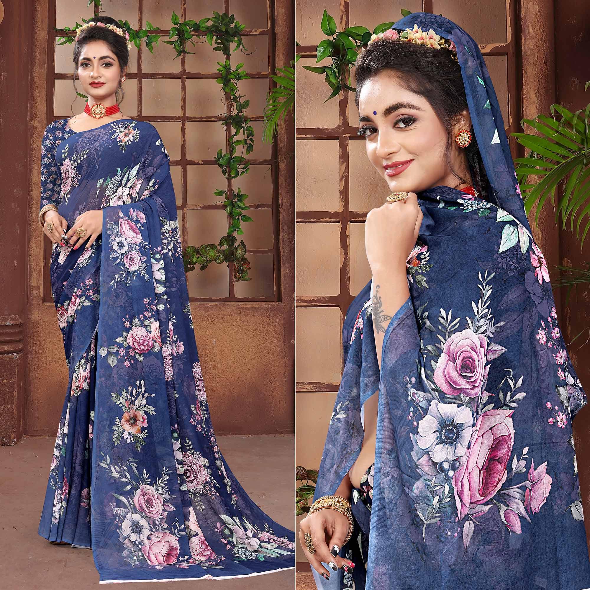 Blue Digital Printed Georgette Saree - Peachmode