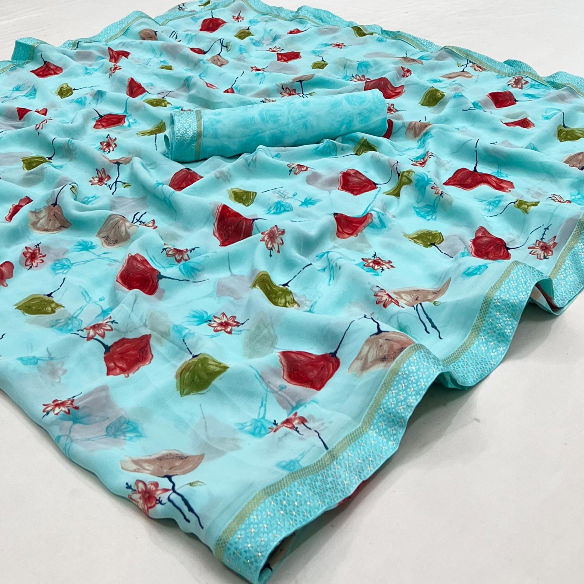 Blue Digital Printed Georgette Saree - Peachmode