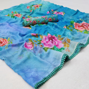 Blue Digital Printed Georgette Saree - Peachmode