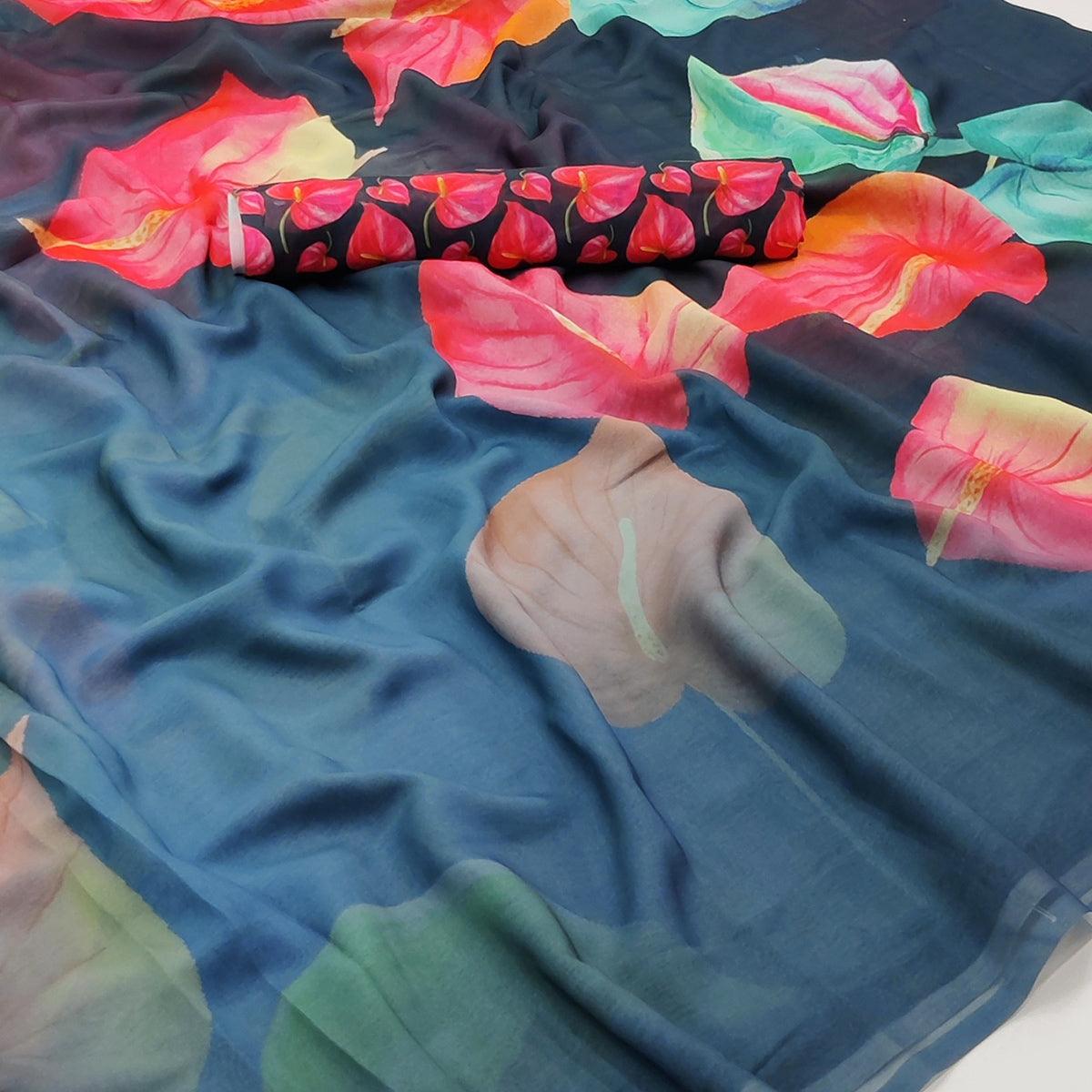 Blue Digital Printed Georgette Saree - Peachmode