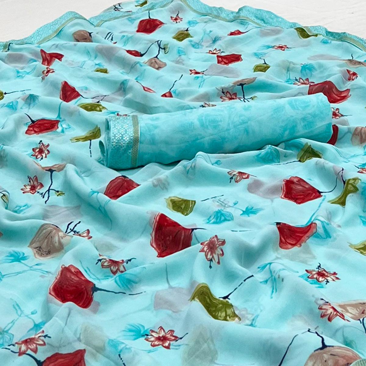 Blue Digital Printed Georgette Saree - Peachmode