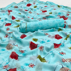 Blue Digital Printed Georgette Saree - Peachmode