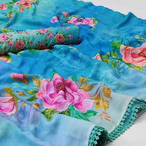 Blue Digital Printed Georgette Saree - Peachmode