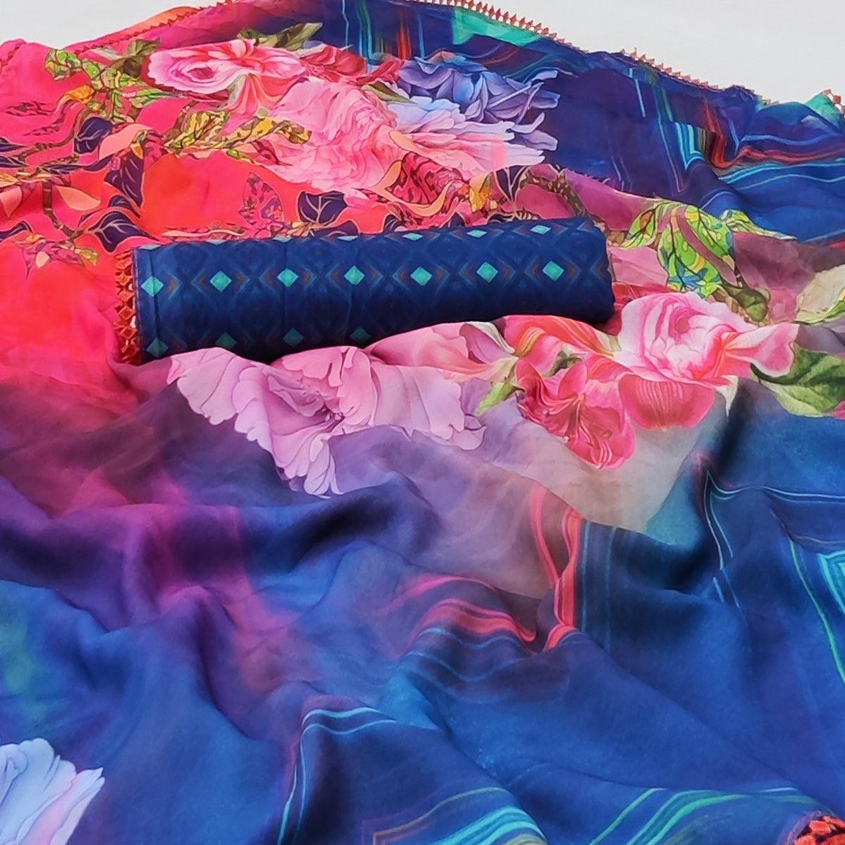 Blue Digital Printed Georgette Saree - Peachmode