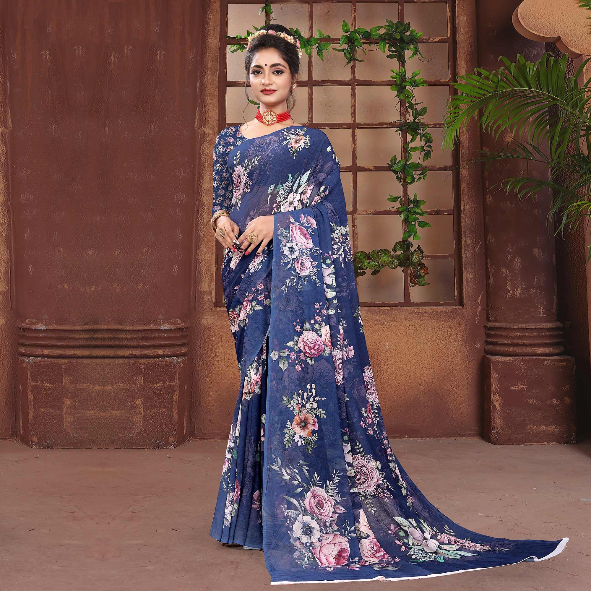 Blue Digital Printed Georgette Saree - Peachmode