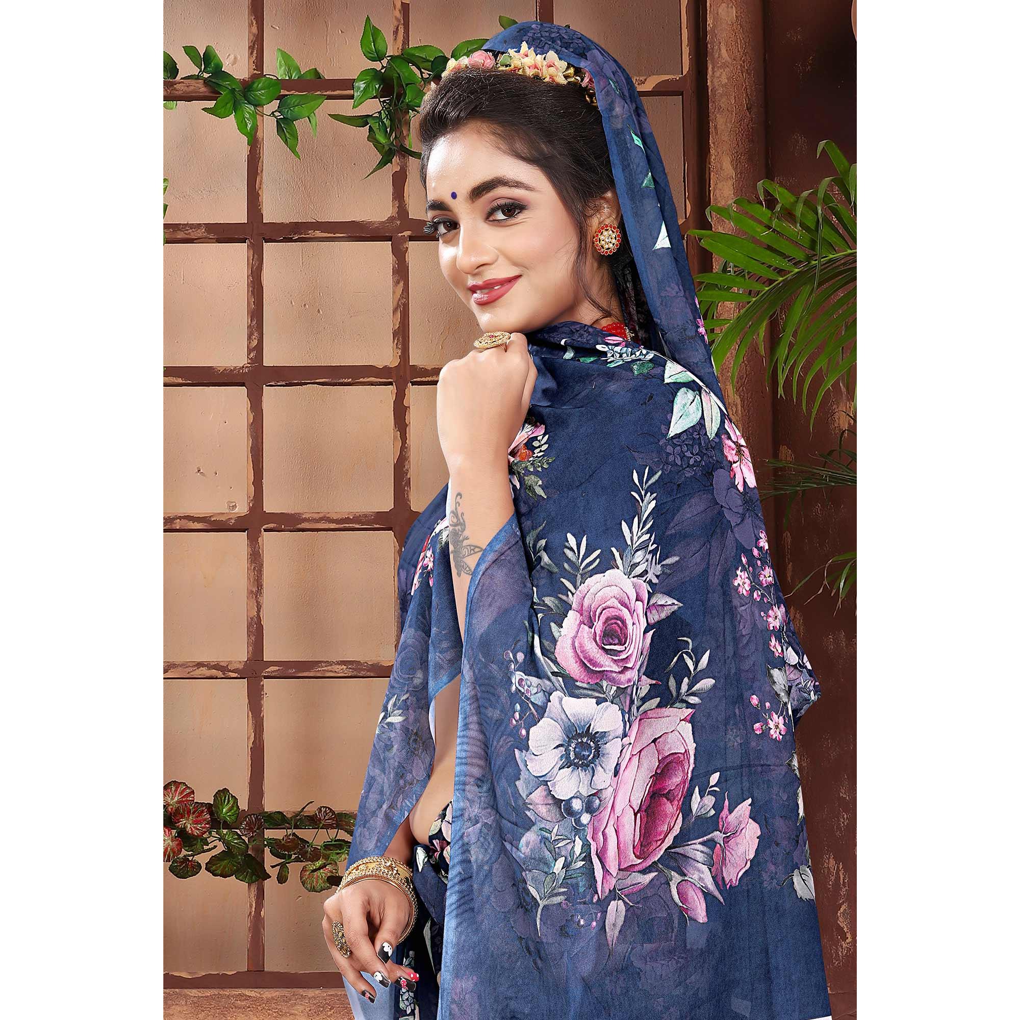 Blue Digital Printed Georgette Saree - Peachmode