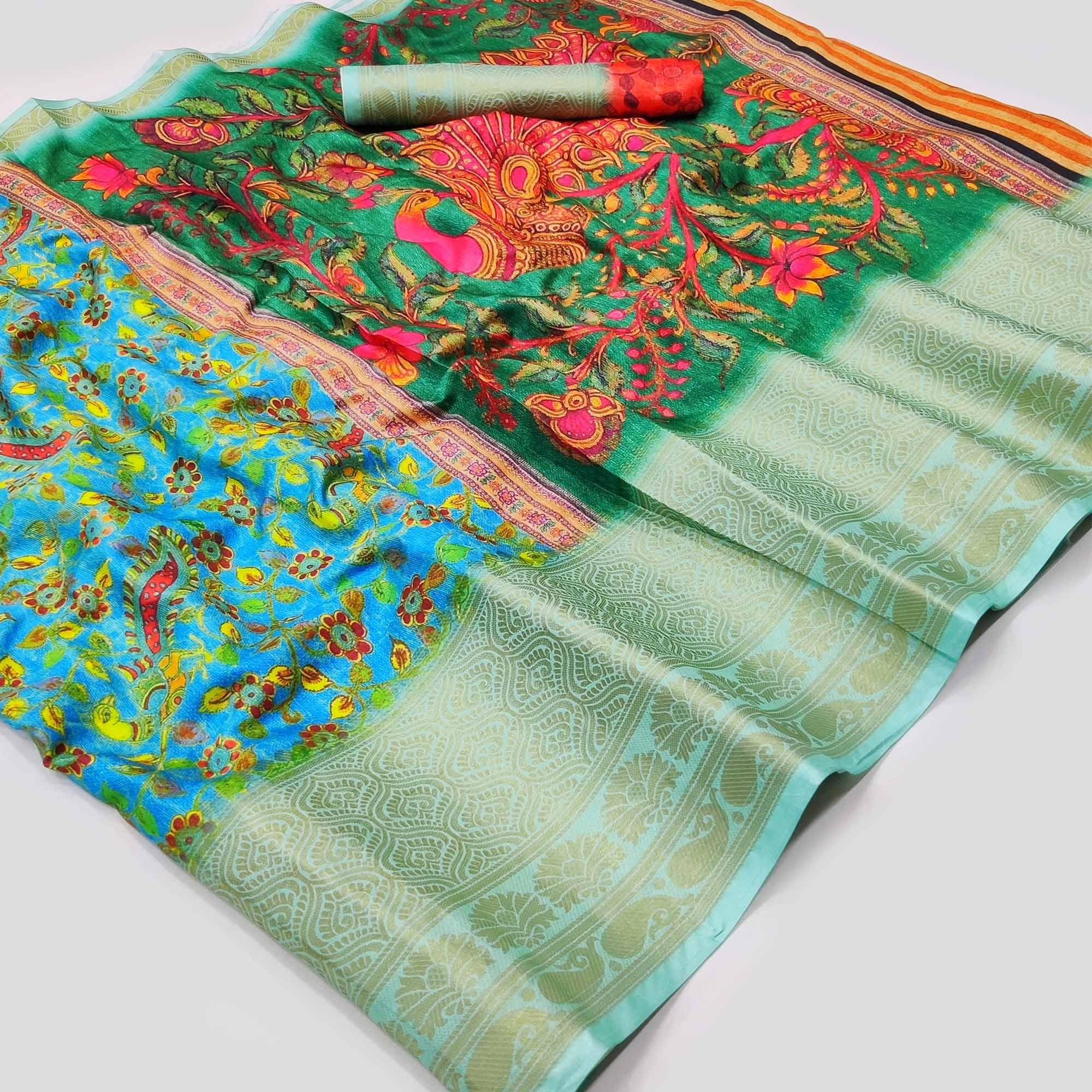 Blue Digital Printed Khaadi Saree - Peachmode