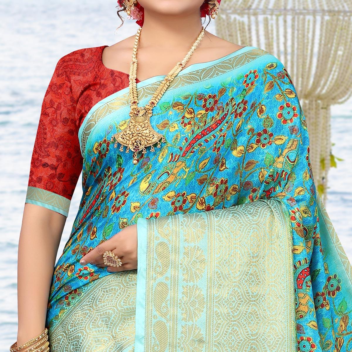 Blue Digital Printed Khaadi Saree - Peachmode