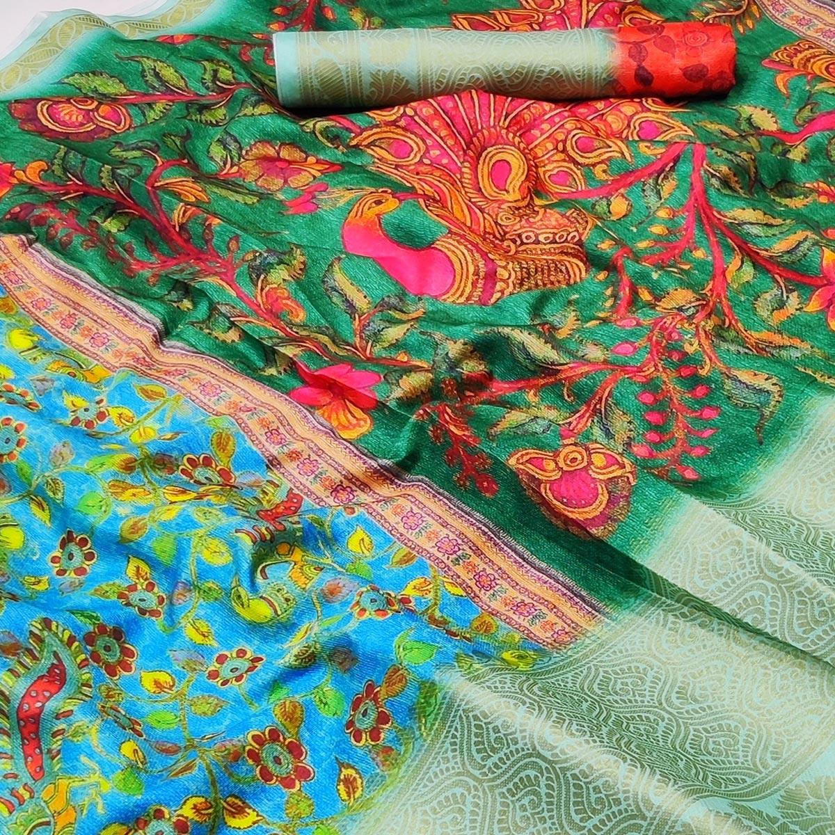 Blue Digital Printed Khaadi Saree - Peachmode