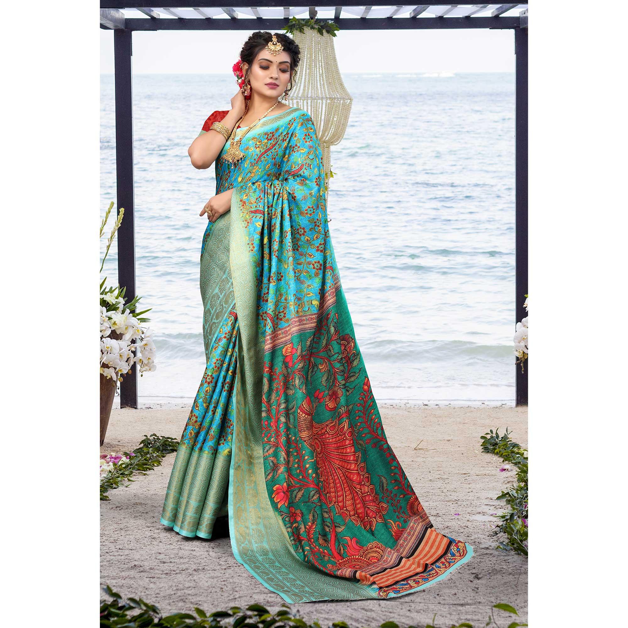 Blue Digital Printed Khaadi Saree - Peachmode