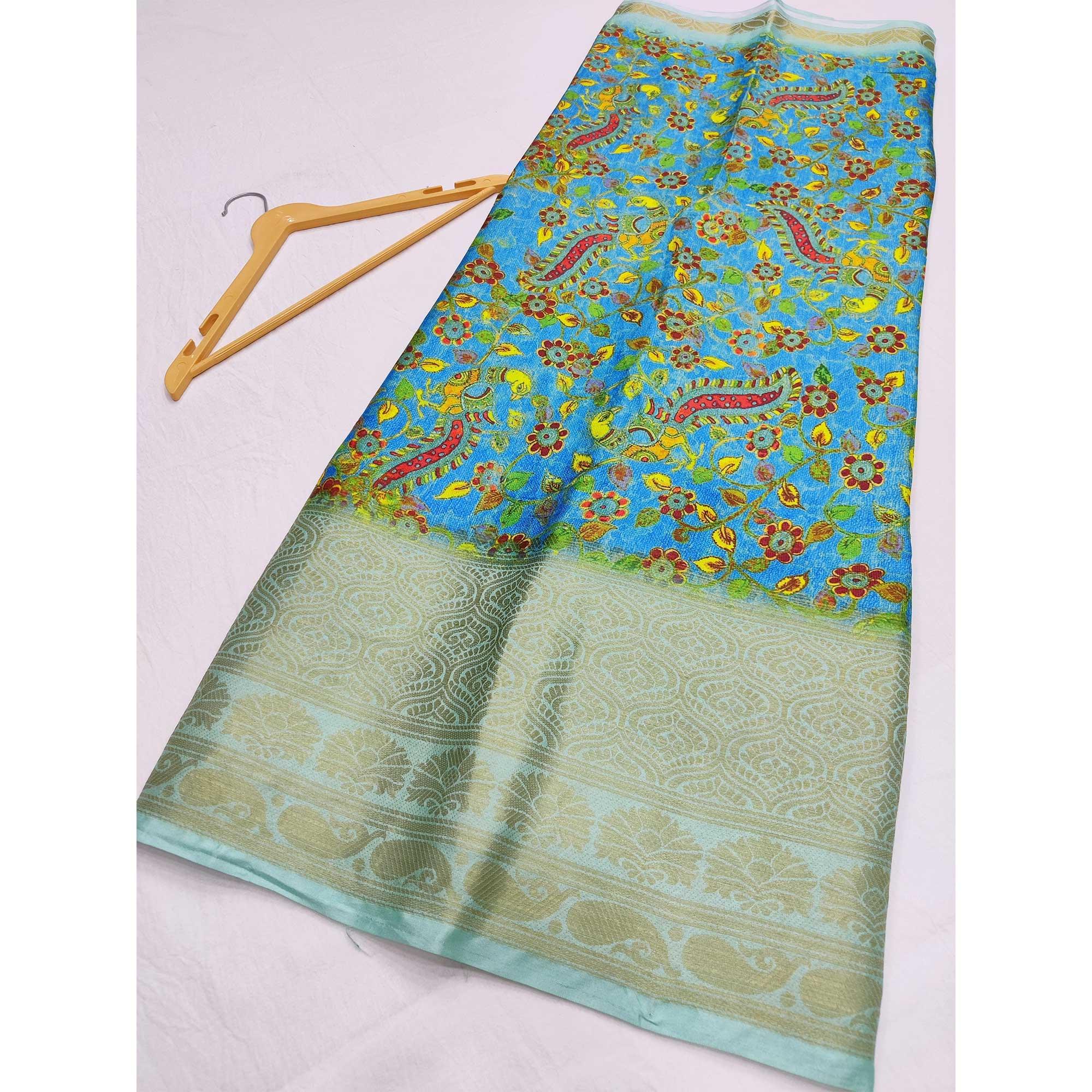 Blue Digital Printed Khaadi Saree - Peachmode