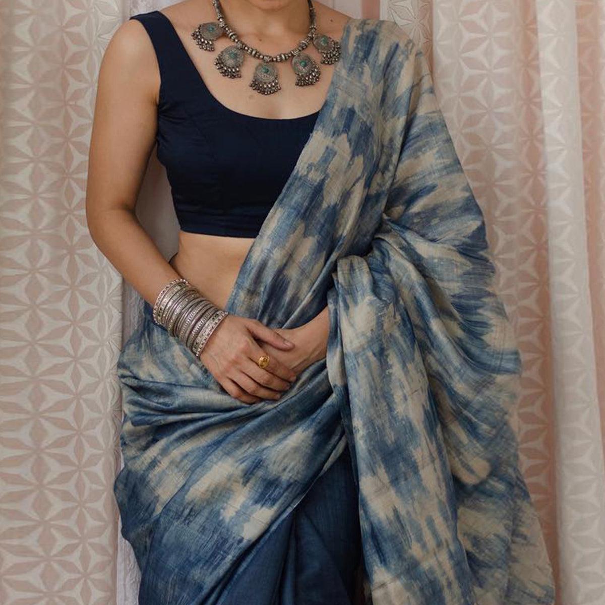 Blue Digital Printed Linen Half and Half Saree - Peachmode
