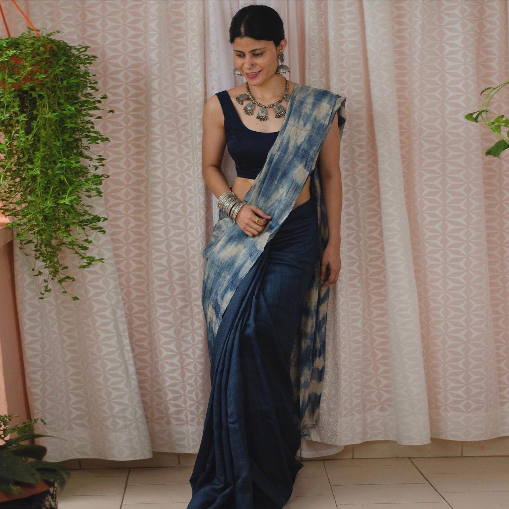 Blue Digital Printed Linen Half and Half Saree - Peachmode