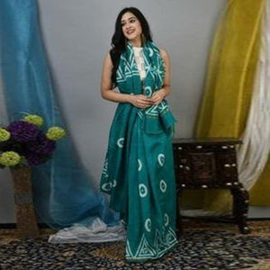 Blue Digital Printed Linen Saree - Peachmode