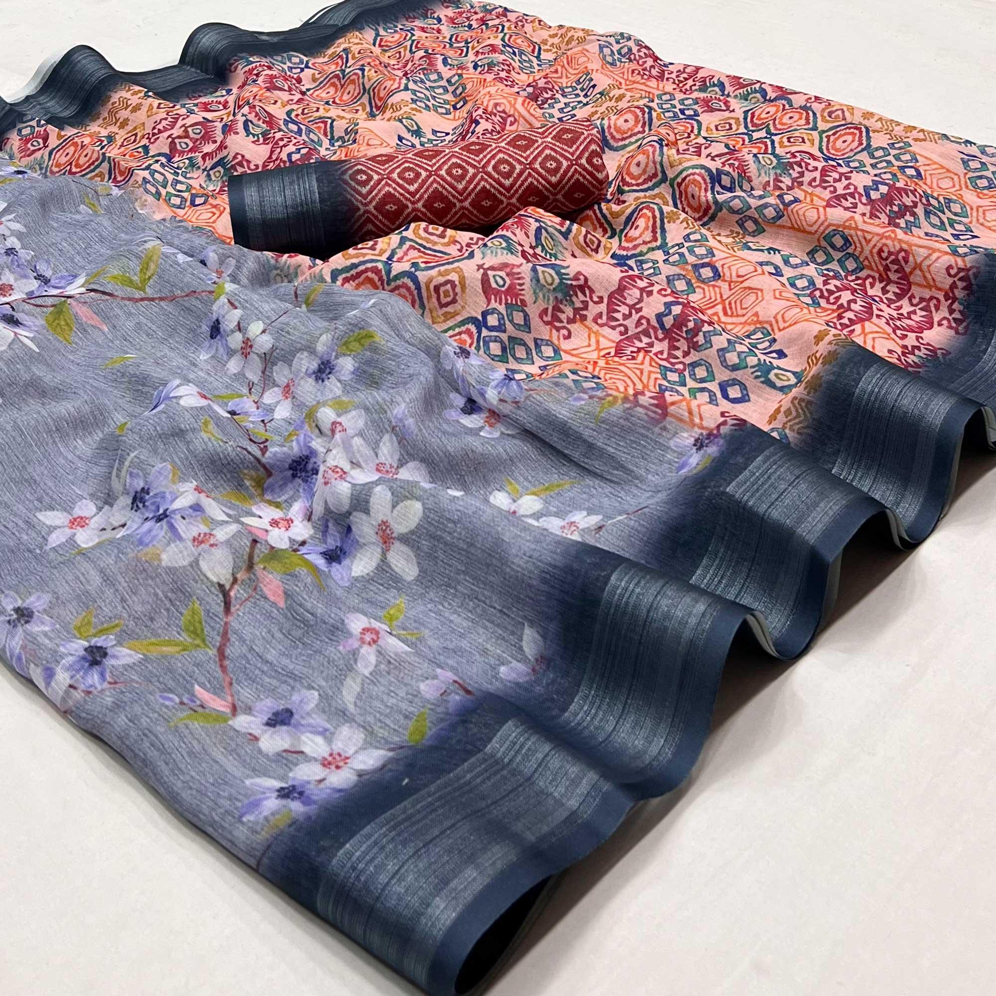 Blue Digital Printed Linen Saree - Peachmode