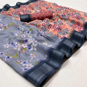 Blue Digital Printed Linen Saree - Peachmode