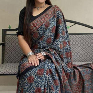 Blue Digital Printed Linen Saree - Peachmode