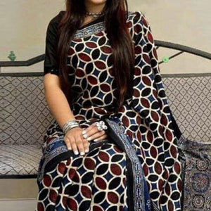 Blue Digital Printed Linen Saree - Peachmode