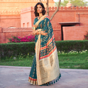 Blue Digital Printed Linen Saree - Peachmode