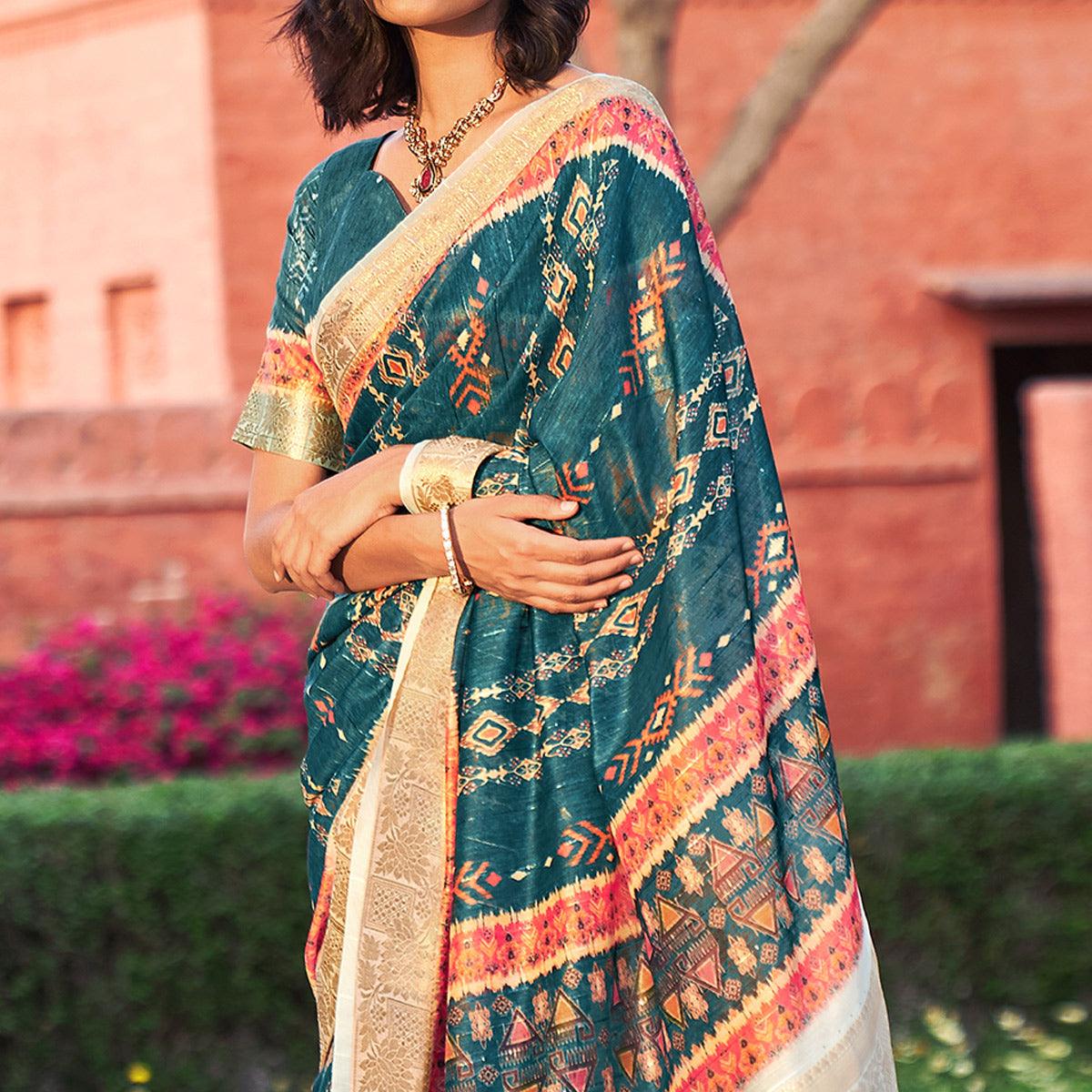 Blue Digital Printed Linen Saree - Peachmode