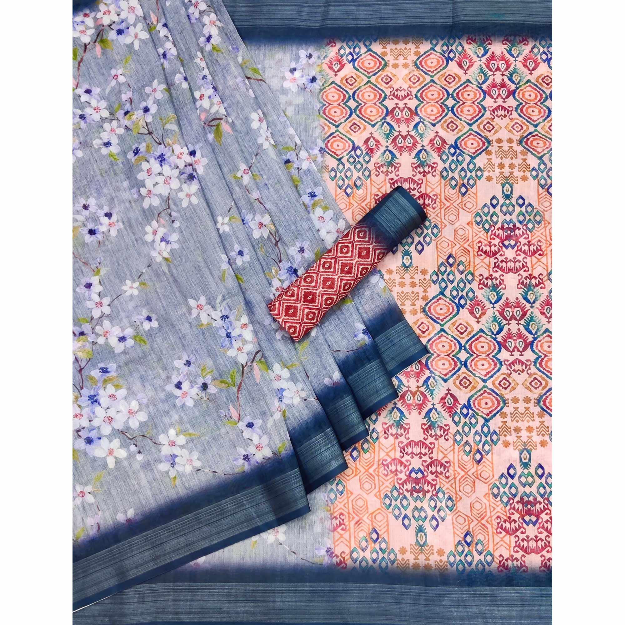 Blue Digital Printed Linen Saree - Peachmode