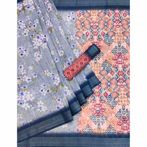 Blue Digital Printed Linen Saree - Peachmode