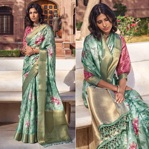 Blue Digital Printed Poly Cotton Saree - Peachmode