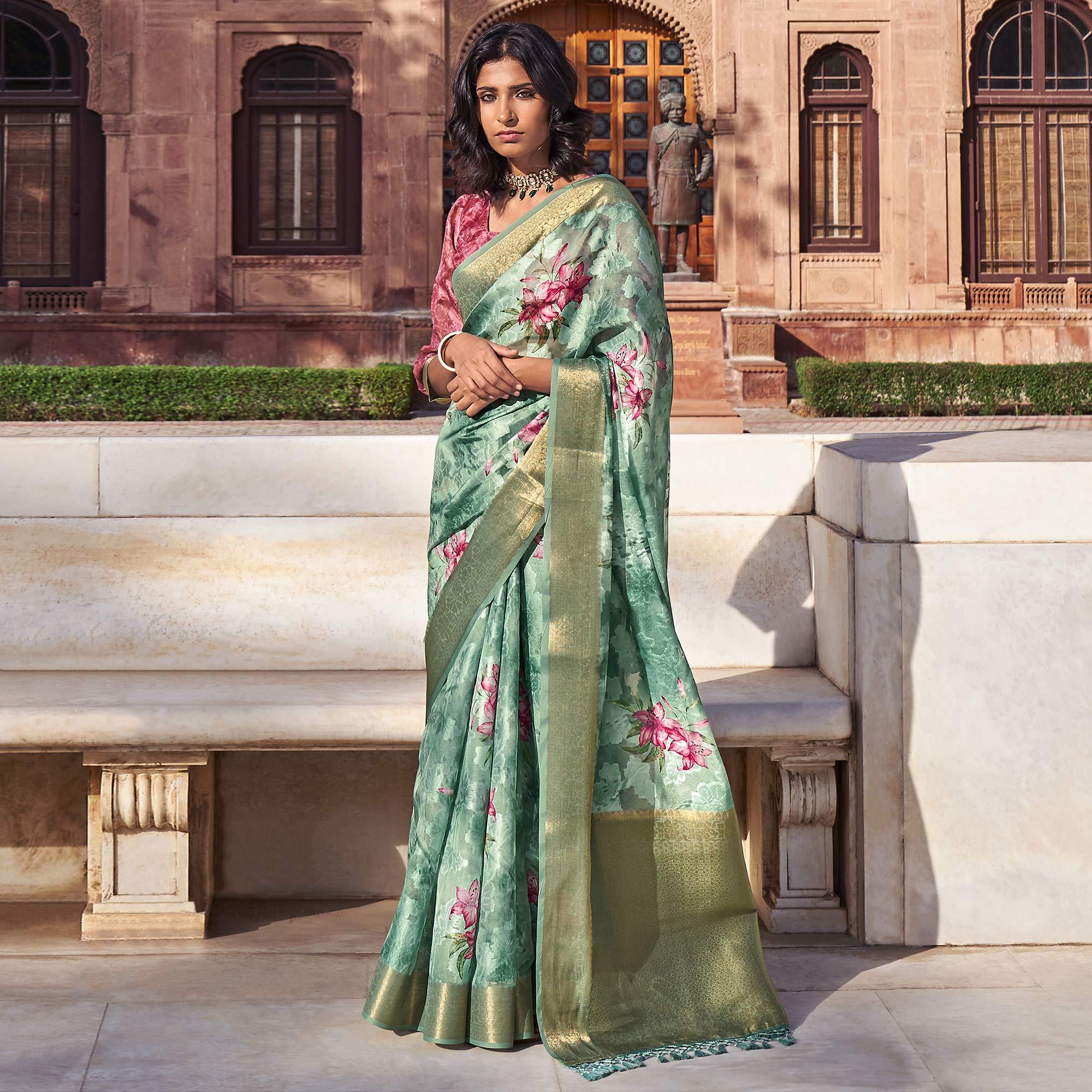 Blue Digital Printed Poly Cotton Saree - Peachmode