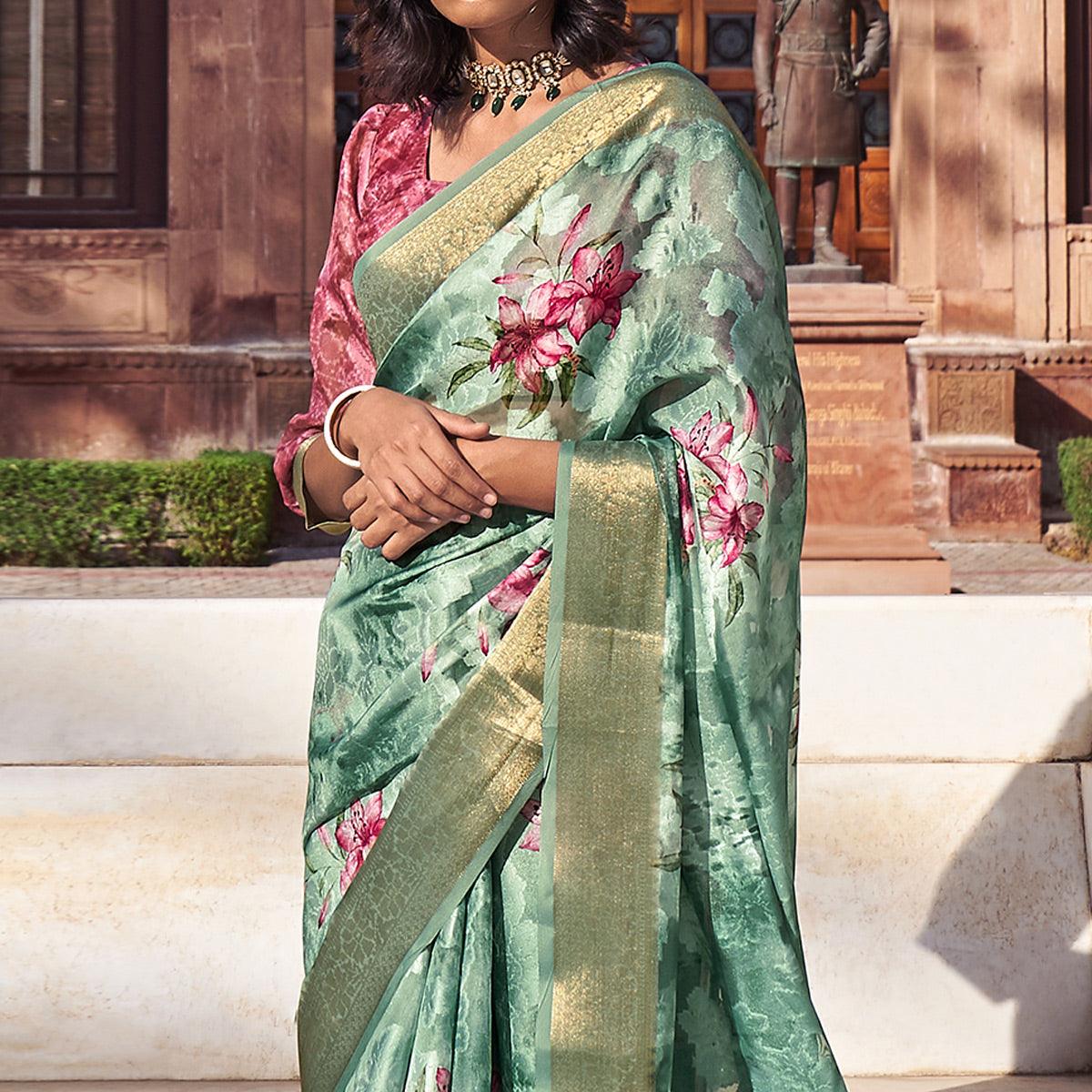 Blue Digital Printed Poly Cotton Saree - Peachmode