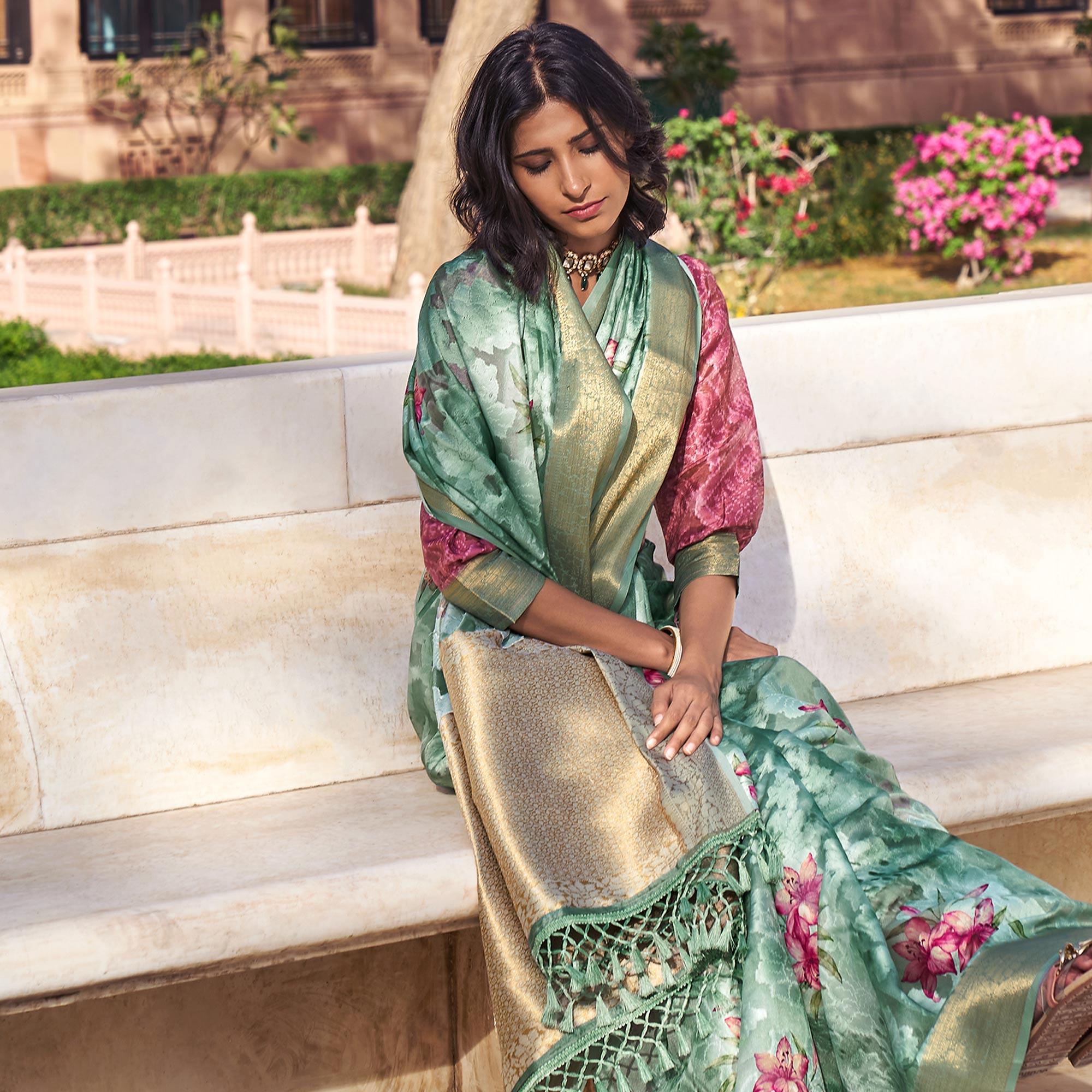 Blue Digital Printed Poly Cotton Saree - Peachmode