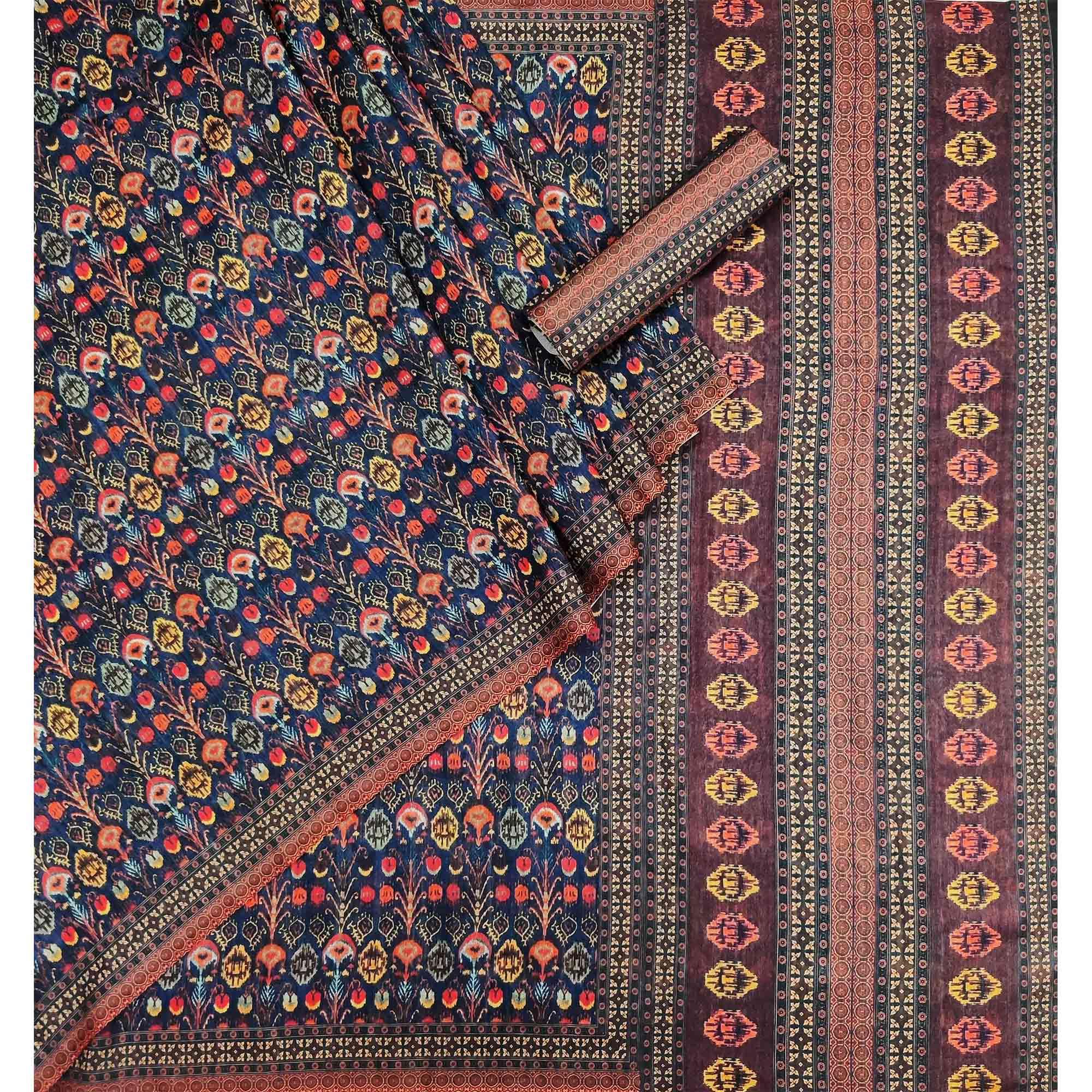 Blue Digital Printed Pure Cotton Saree - Peachmode