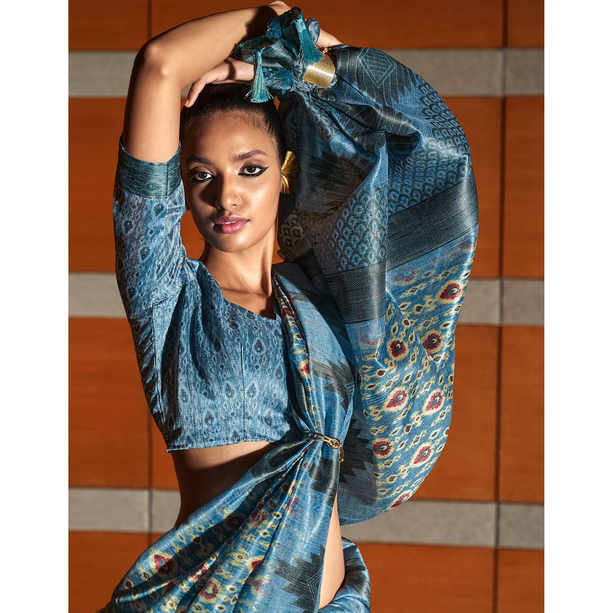 Blue digital Printed Raw Silk Saree With Tassels - Peachmode