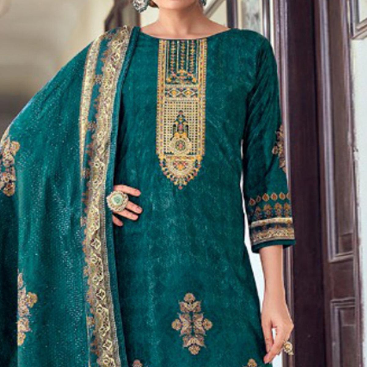 Blue Digital Printed With Embroidered Velvet Palazzo Suit - Peachmode