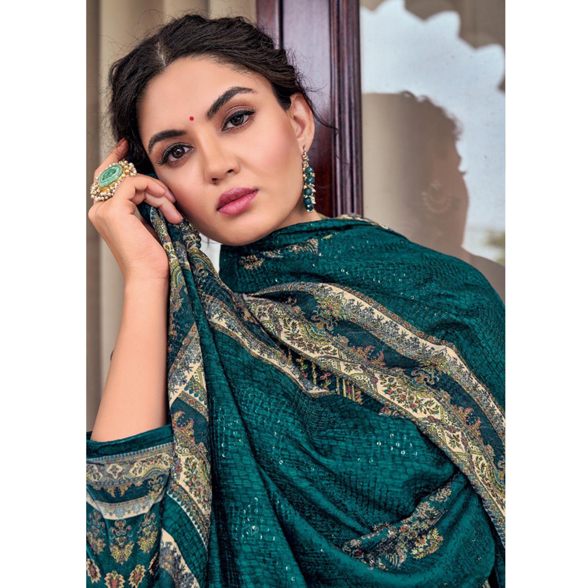 Blue Digital Printed With Embroidered Velvet Palazzo Suit - Peachmode