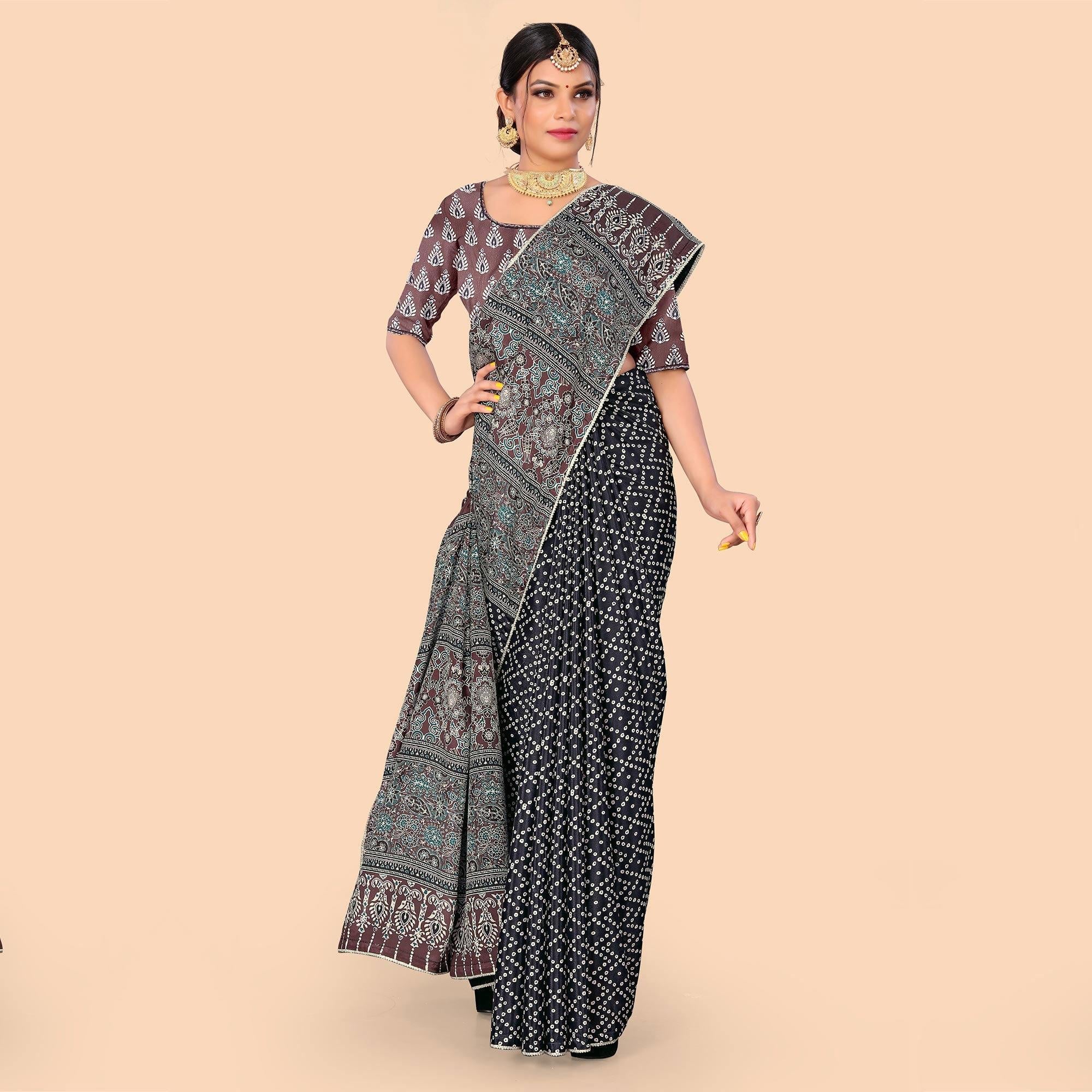 Blue Digital Printed With Fancy Border Chiffon Saree - Peachmode