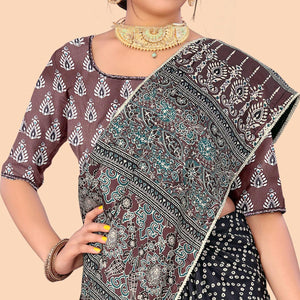 Blue Digital Printed With Fancy Border Chiffon Saree - Peachmode