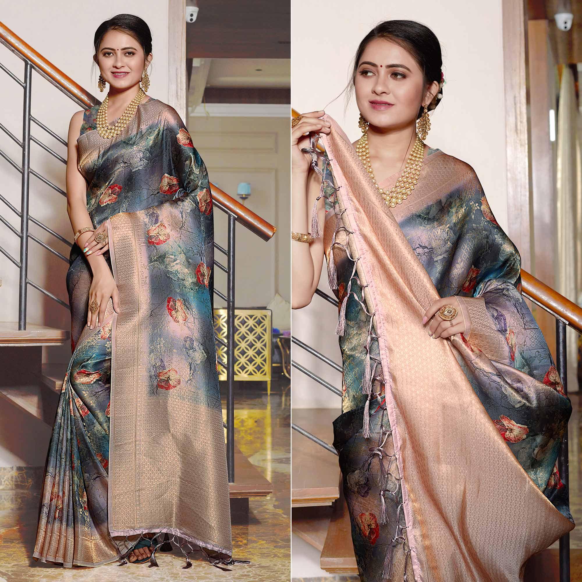 Blue Digital Printed With Woven Art Silk Saree With Tassels - Peachmode