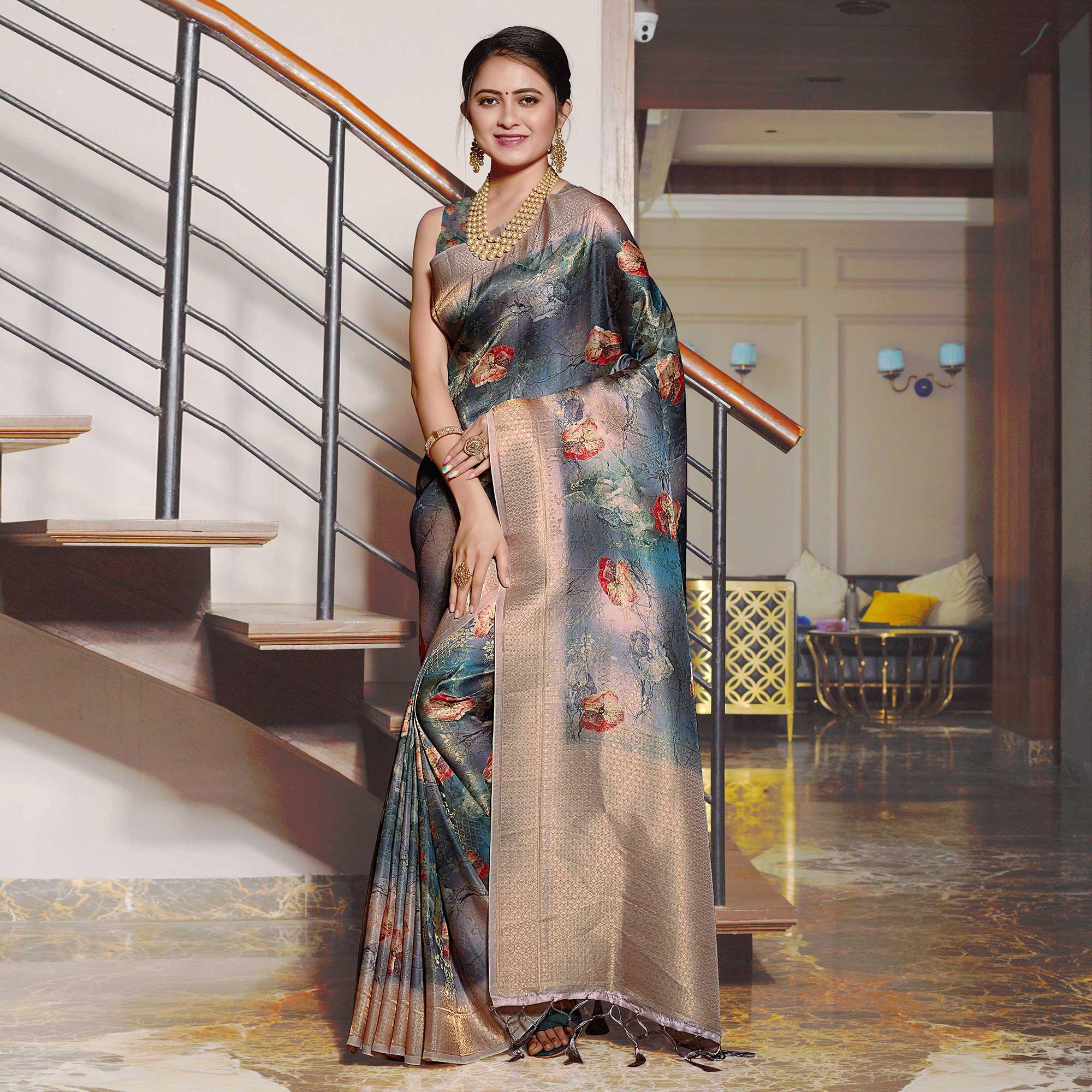 Blue Digital Printed With Woven Art Silk Saree With Tassels - Peachmode