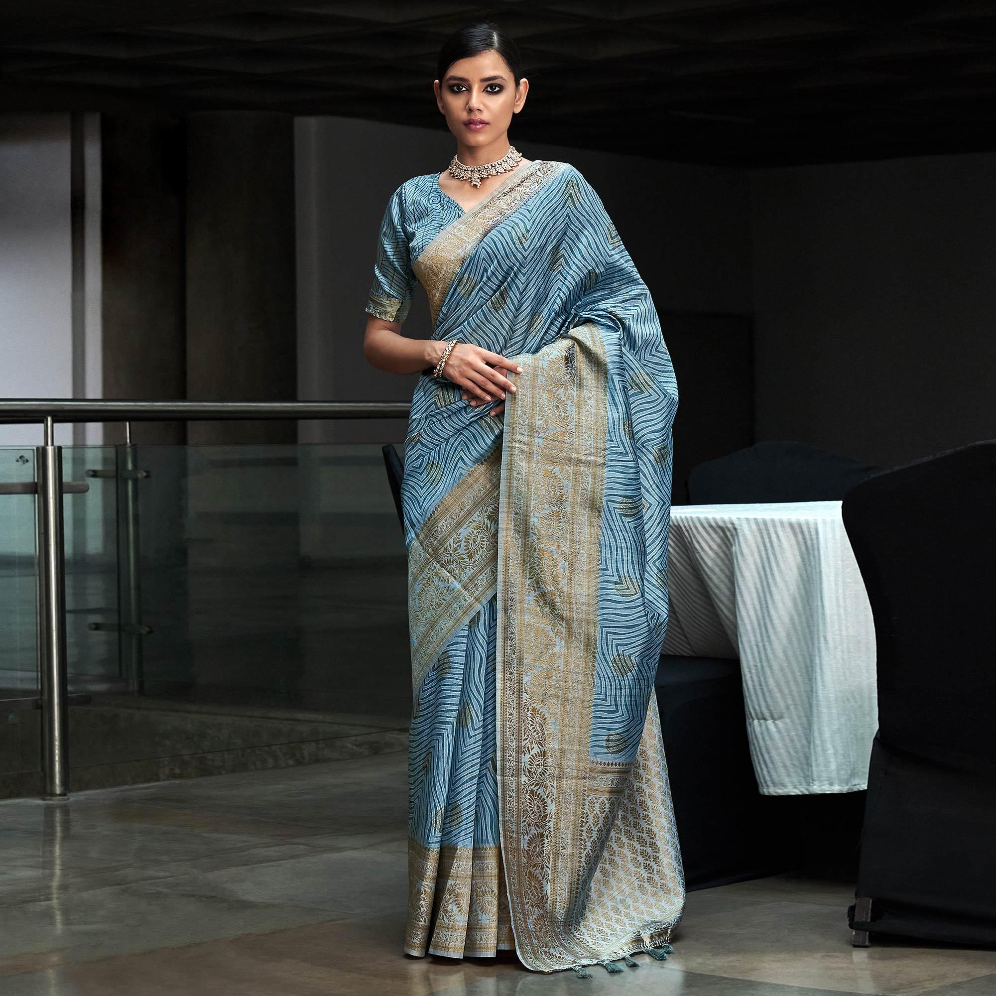 Blue Digital Printed With Woven Border Art Silk Saree - Peachmode