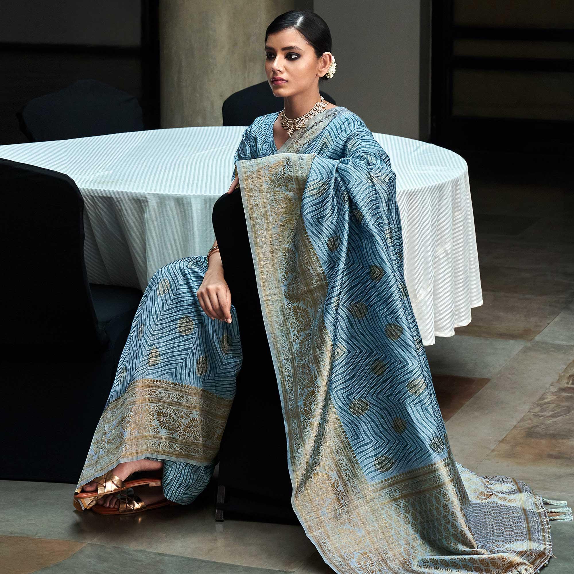 Blue Digital Printed With Woven Border Art Silk Saree - Peachmode