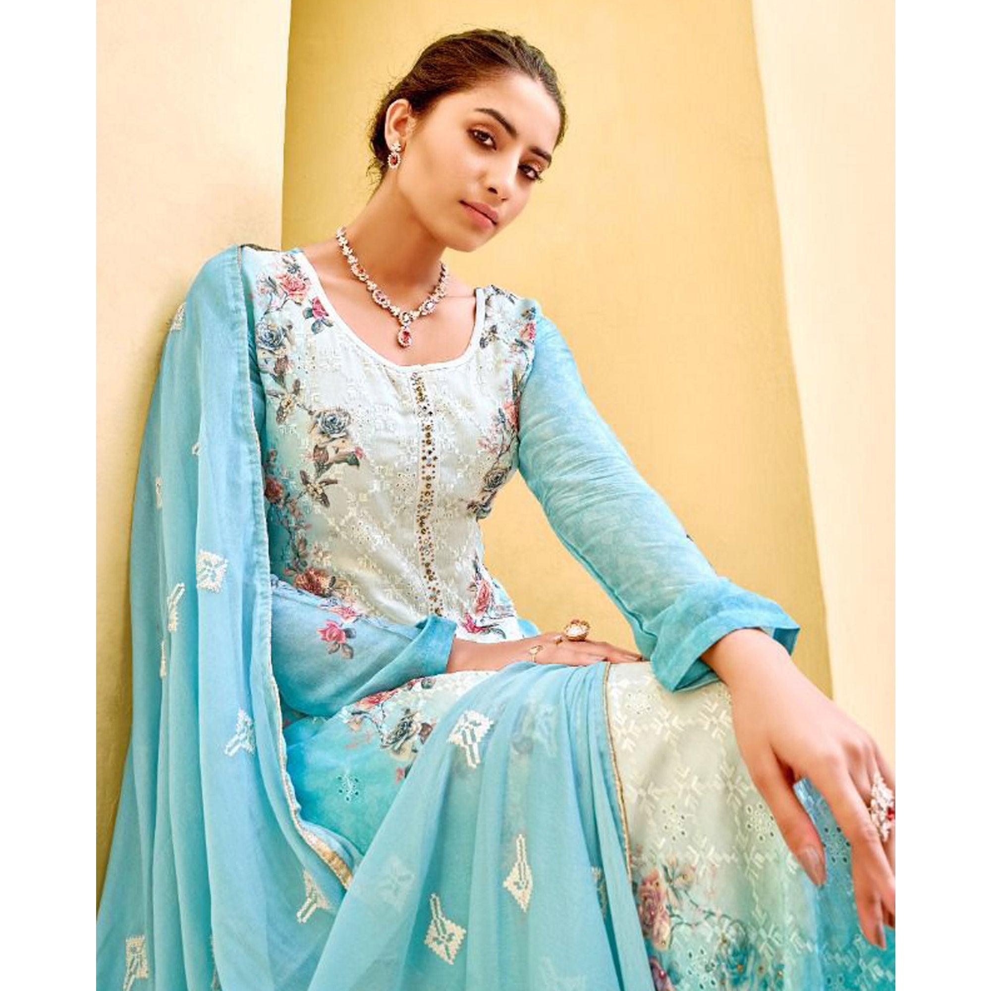 Blue Embellished & Embroidered Chiffon Partywear Suit - Peachmode